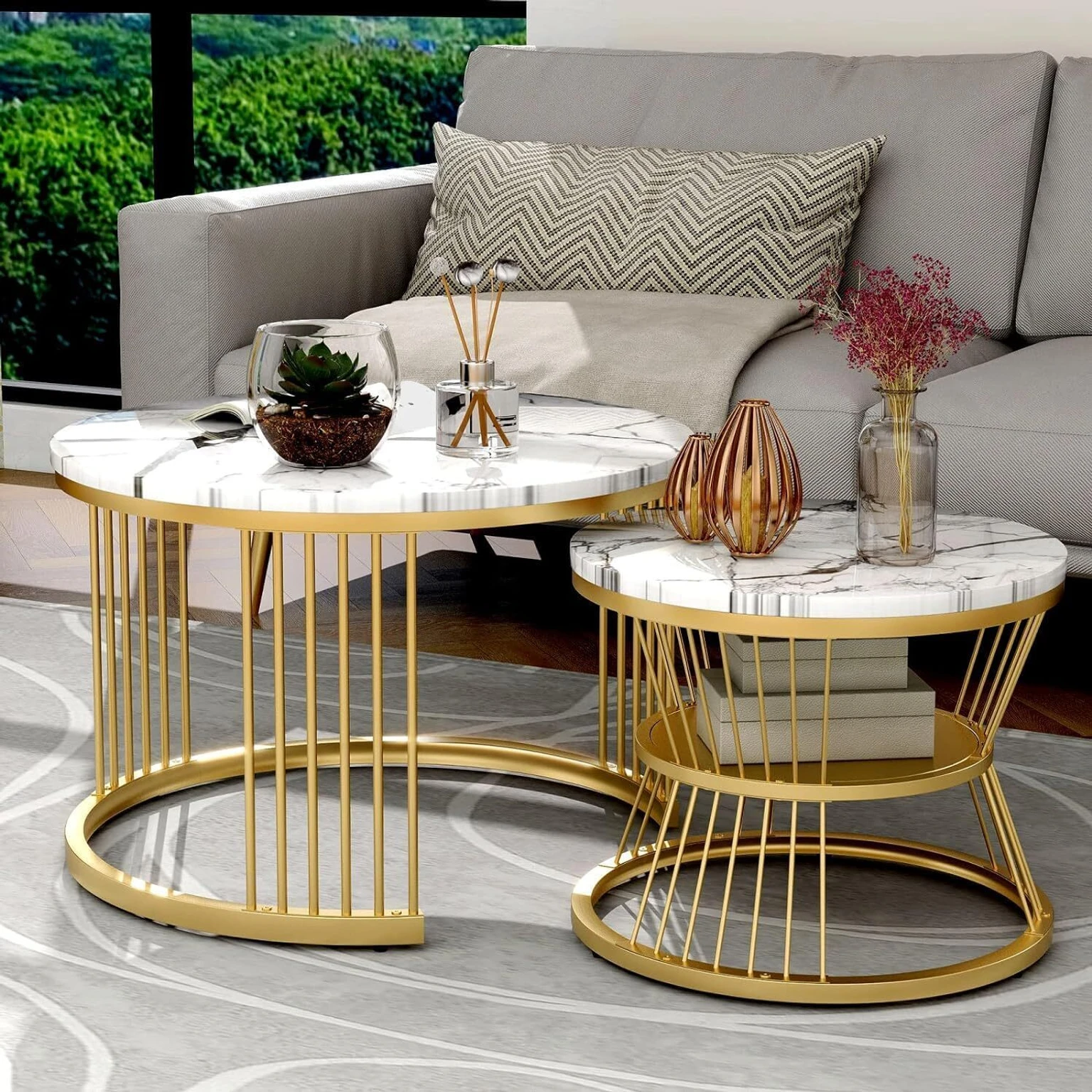 Premium Gold Frame Marble Top Nesting Center Table Set of 2 Engineered Wood Coffee Table (Finish Color - Gold & White, Pre-assembled)