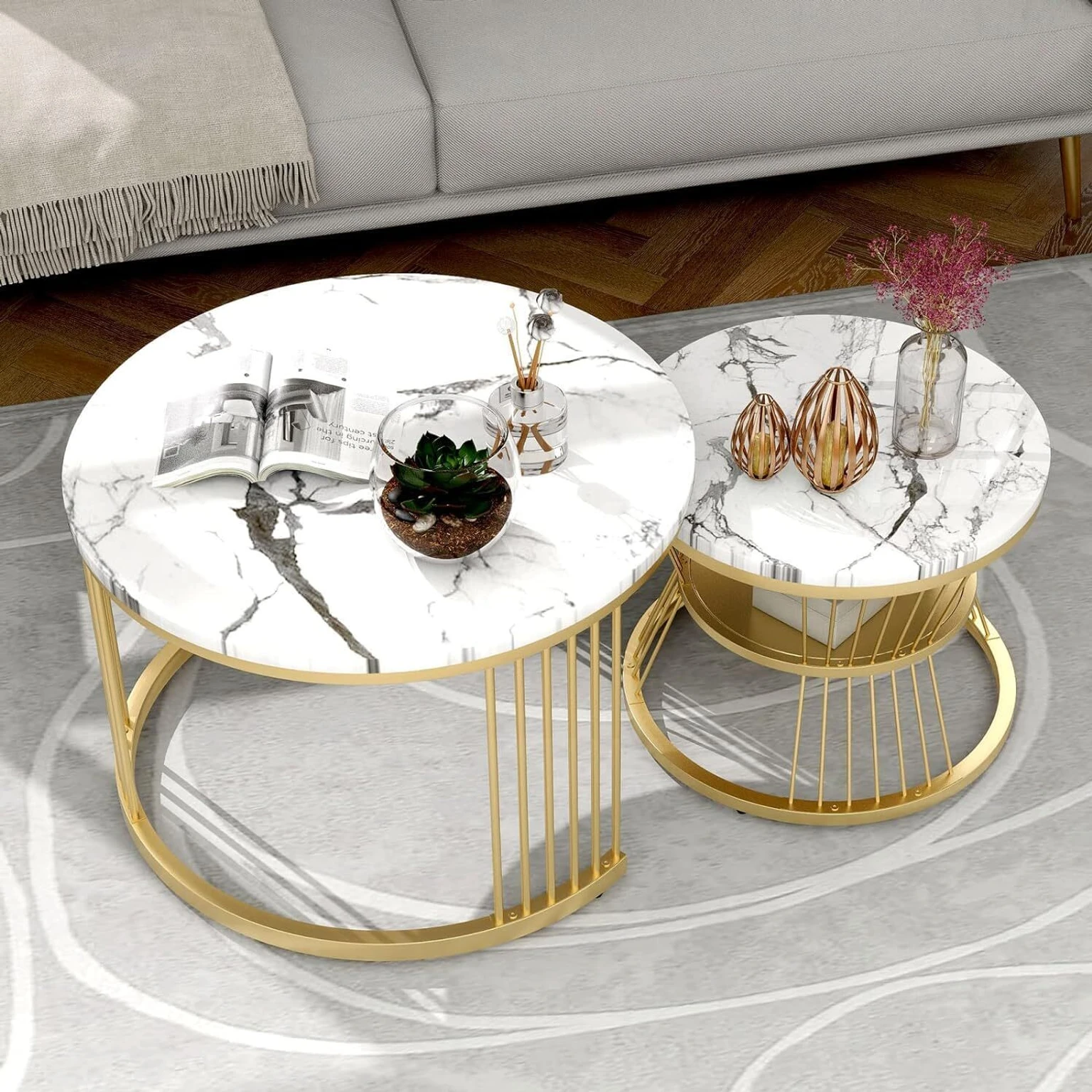 Premium Gold Frame Marble Top Nesting Center Table Set of 2 Engineered Wood Coffee Table (Finish Color - Gold & White, Pre-assembled) - Image 4